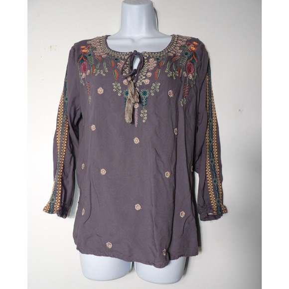 Solitaire Tunic Blouse Womens Large Gray Embroidered Boho Hippie Tassel Keyhole - Picture 1 of 13